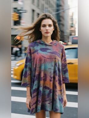 🎨 World Beat Y2K Tie Dye Hooded Tunic Tee Shirt Dress XL Boho Festival Artwear